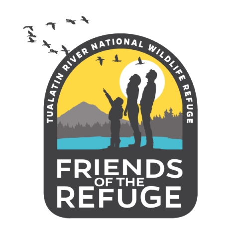 Logo for the Friends of Tualatin River National Wildlife Refuge Complex; image shows three people looking up at a flock of birds; background yellow and blue with mountains and water