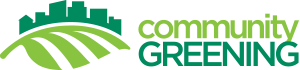 A leaf and city with green text that reads "Community Greening"