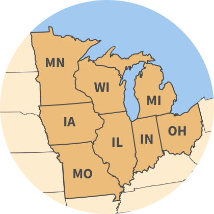 A map of the Midwest Region including Illinois, Indiana, Iowa, Michigan, Minnesota, Missouri, Ohio and Wisconsin