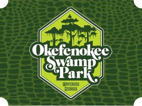 A logo with a green background that reads Okefenokee Swamp Park Waycross Georgia