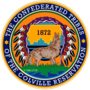 Round seal with yellow-orange background, title around the edge, and in center, a howling wolf, the outline of the reservation with the date "1872," and an eagle headdress