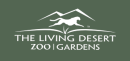 Logo that reads, The Living Desert Zoo | Gardens with a small illustrated white image of a cheetah and a mountain outline. 