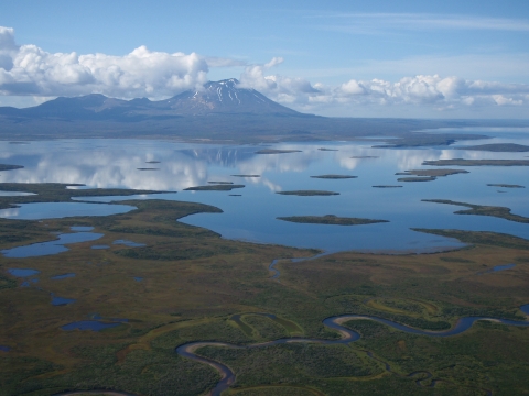 aerial photo of an undeveloped watery landscape with mountains in background