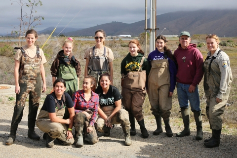 A group of people wearing waders