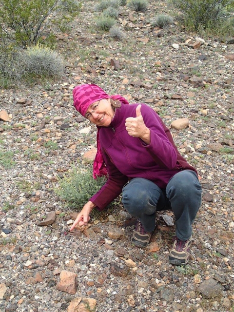 A woman wearing a purple hat and sweater giving a thumbs up