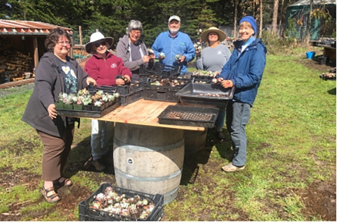 A group of people standing around a table covered in plants