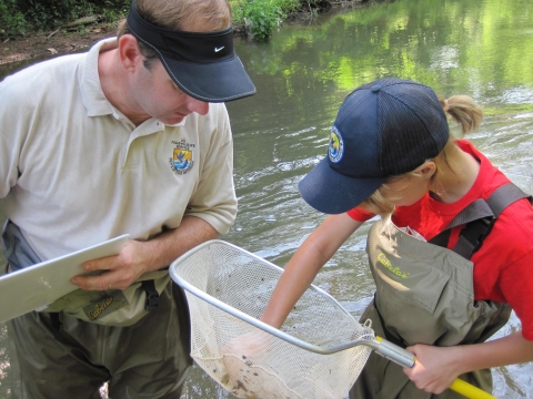 Jeff Powell working with Hutton Scholar student to ID fish