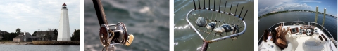 four photos side by side from left to right: lighthouse, close up of a fishing reel, close up of a clam rake with several clams, recreational boaters