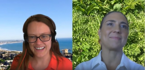 A woman in a red shirt sitting in front of an ocean background and a woman in a white shirt sitting in front of a plant background