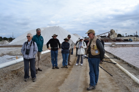 Group of people walking next to salt pond. A tall salt mound is visible behind them.