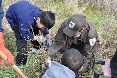 USFWS staff planting with kids