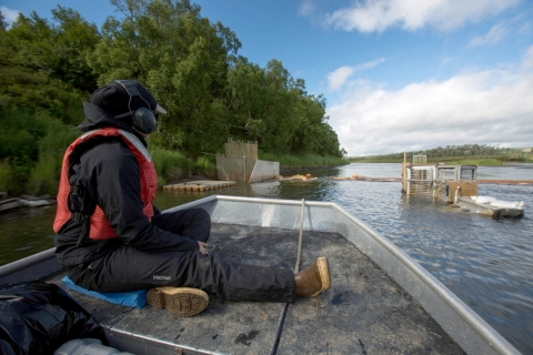 person in PFD on a boat approaching a weir structure across a river