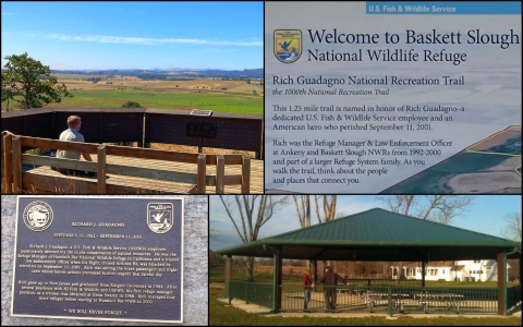 Four image collage: A man sitting at an observation platform; a Rich Guadagno National Recreation Trail sign;