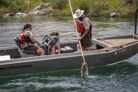 two people in a boat on a river, the person on the right is holding a long pole with a salmon carcass on the end