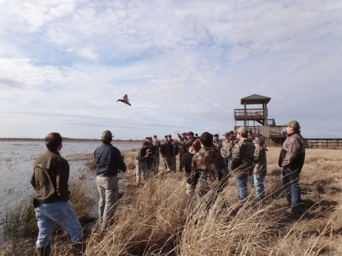 A group of people looking over a wetland watching a duck fly away.