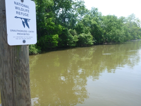 unauthorized entry sign in front of river