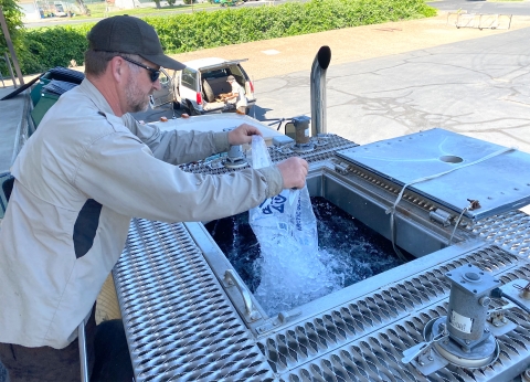 A man pours ice from a bag into a tank atop a truck