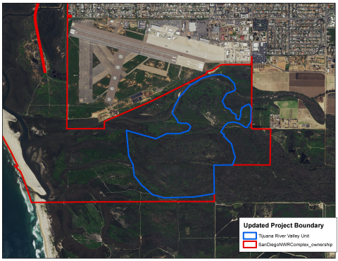 Map of Tijuana Slough National Wildlife Refuge. On the bottom right, the legend shows the updated project boundary. A blue polygon represents the Tijuana River Valley Unit and the red polygon represents San Diego NWR Complex ownership. To the left of the map, the Pacific Ocean coastline is visible. The blue polygon is located inside the red polygon on the most eastern side of the refuge.