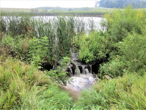 Wetland water moves through the water control structure on Ella Lake waterfowl production area. 