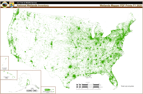 Map showing distribution of wetlands mapper pdf prints for fiscal year 2020.