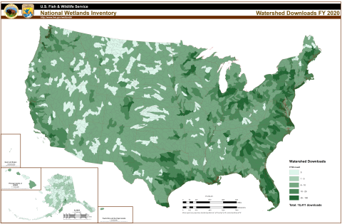 Map showing distribution of watershed download distribution for fiscal year 2020.