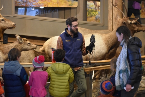 A Refuge staff member holds an owl in front of a group of children.