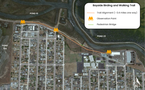 Map of the south end of San Diego Bay. An orange dotted line extends from 7th street to north end of 10th street where Imperial Beach Public Works parking is located. Orange binocular icons are placed on each end of the dotted line and one icon placed on trail on north end of 8th street. A map key is on the top right titled "Bayside Birding and Walking Trail" and has the icons for the trail (about 0.4 miles in length one way), orange binoculars named Observation Point, and a green line for Pedestrian Bridge