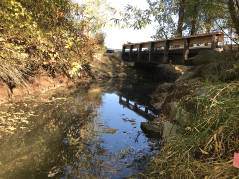 A bridge spans a small stream.