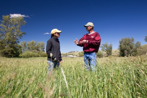 Retired Partners for Fish and Wildlife Biologist Sue McNeal with Grassland Restoration Partner in the Rocky Mountain Front Focus Area of Montana 