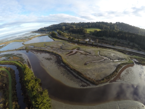 Aerial view of water and land split up