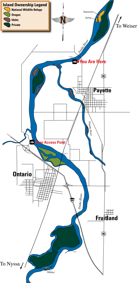 Map of stretch of the Snake River from downstream of Payette toward Nyssa showing Deer Flat National Wildlife Refuge islands, state of Idaho islands, and private islands.