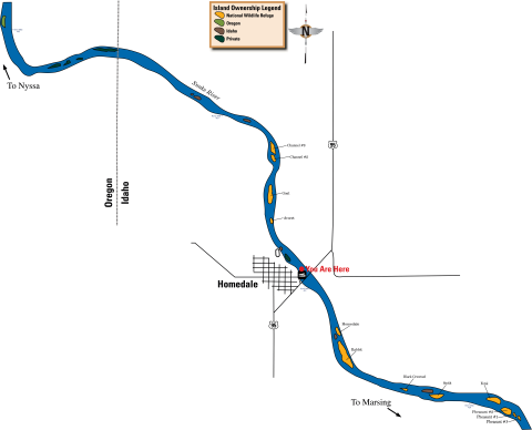 Map of stretch of the Snake River upstream and downstream of Homedale showing Deer Flat National Wildlife Refuge islands, state of Idaho islands, and private islands.