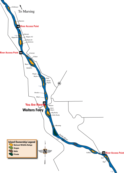 Map of stretch of the Snake River upstream and downstream of Walter's Ferry showing Deer Flat National Wildlife Refuge islands, state of Idaho islands, and private islands.