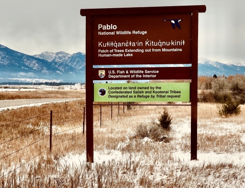 Sign on Pablo National Wildlife Refuge shown in English and Séliš-Ql̓ispé languages. English text reads Pablo National Wildlife Refuge, U.S. Fish and Wildlife Service Dept. of the Interior. Located on the land owned by the Confederated Salish and Kootenai Tribes. Designated as a Refuge by Tribal request. Séliš-Ql̓ispé text reads X̣ʷeyʔilqsa̒lqʷ Sck̓ʷul̓ Čɫq̓lí (Trees-Tapering-to-a-point Human-made Lake)