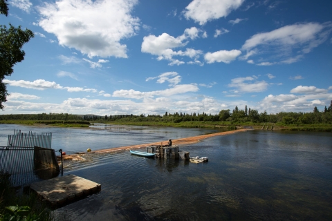 a picket fence across a river