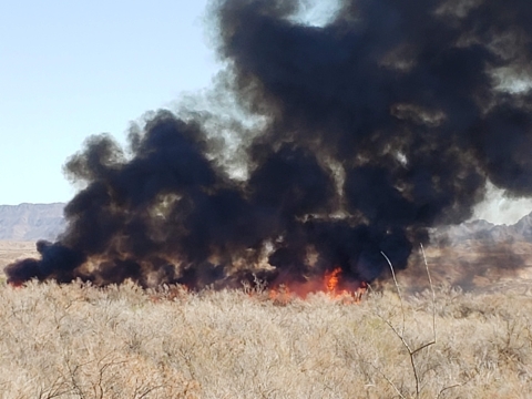 Black smoke rises from the prescribed burn at Cibola NWR.