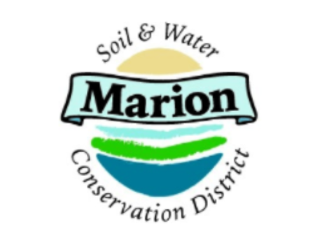 Abstract logo showing sun, water and land, encased in text reading "Marion Soil and Water Conservation District"