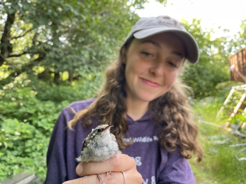 Woman in a purple hoodie holding a small bird