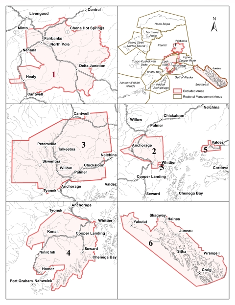 Maps of Areas In Alaska showing excluded areas for the spring/summer migratory bird subsistence hunt