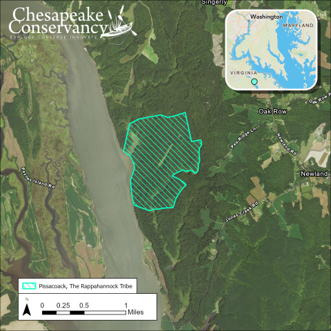 An aerial image of land along the Rappahannock River. The map includes Pissacoak property shaded in blue. At the top right is a water mark that reads "Chesapeake Conservancy. At the upper right of the photo is a map marking the property mid-way along the Rappahannock River