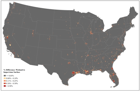 Map of United States outlining wetland to impervious surface difference. 