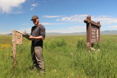 A technician checks a bluebird box and records data.