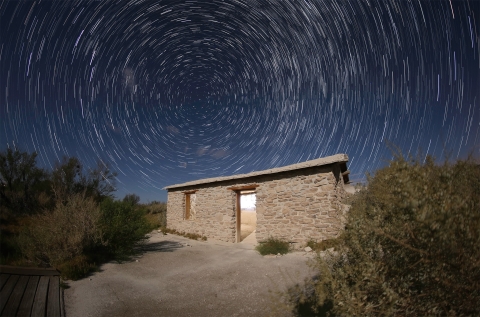 Star trails over Longstreet Cabin