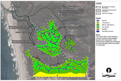 A larger area of restored low marsh habitat, surrounded by areas of mid to high marsh to the north and south of the existing Model Marsh. are proposed under this alternative. The restored area would be connected to the South Beach Slough. Smaller areas of mudflat habitat would be restored at the intersections of the newly created intertidal channels. A separate smaller restoration area to the east of the main restoration site would be connected to the Old River Slough.