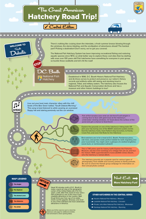 Image contains a graphic of a cartoon-like map. A fish drives a car on a road that winds down the page, stopping at various sites in the hatchery.