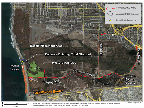 Aerial photograph indicating the location of the restoration area to north of Monument Road and east of the Pacific Ocean. Also shown is the beach placement area which extends from just south of the river mouth to just north of the border with Mexico. A small construction staging area is show near the project's western terminus and just south of Monument Road.