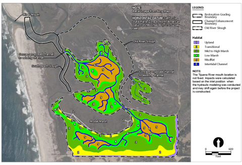 Shown are four general areas of mudflat habitat surrounded by a thin area of low marsh that is surrounded by a wider area of mid to high marsh, all located within the main restoration area. The areas are situated generally to the north and south of the previously restored Model Marsh, and will be fed by newly created intertidal channels that connect to the South Beach Slough. Another small restoration area, located to the east of the larger restoration site, is connected to the Old River Slough.