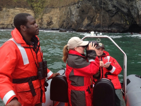 Rikeem on a boat surveying birds