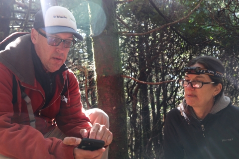 Two people in a forest, one is holding and looking at a cell phone, the other is looking at the cell phone