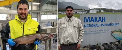 Combined photos. Makah National Fish Hatchery employee, Thomas Johnson, holding a steelhead (left) and standing in uniform next to the facility entry sign.